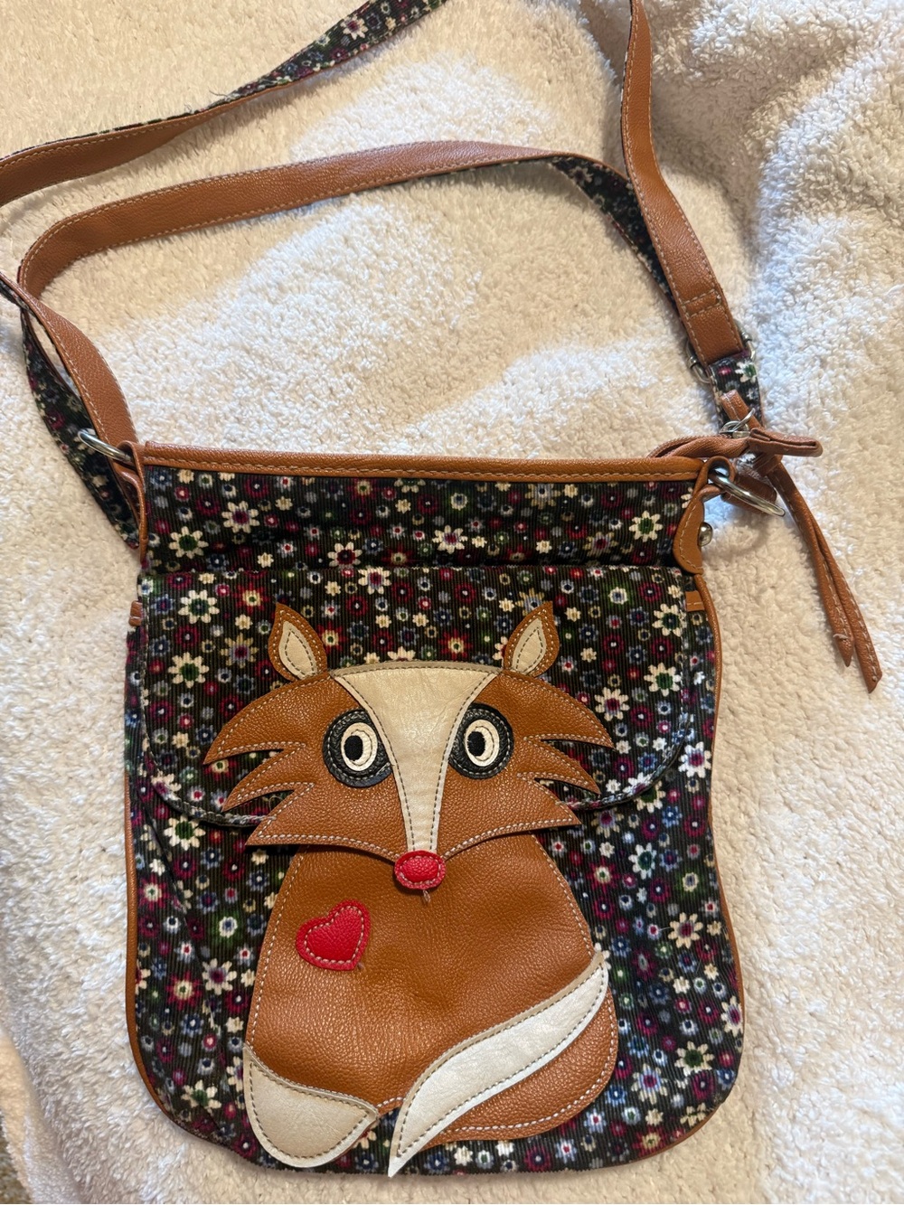 Women's Brown Fox Appliqué Crossbody Bag with Floral Print
